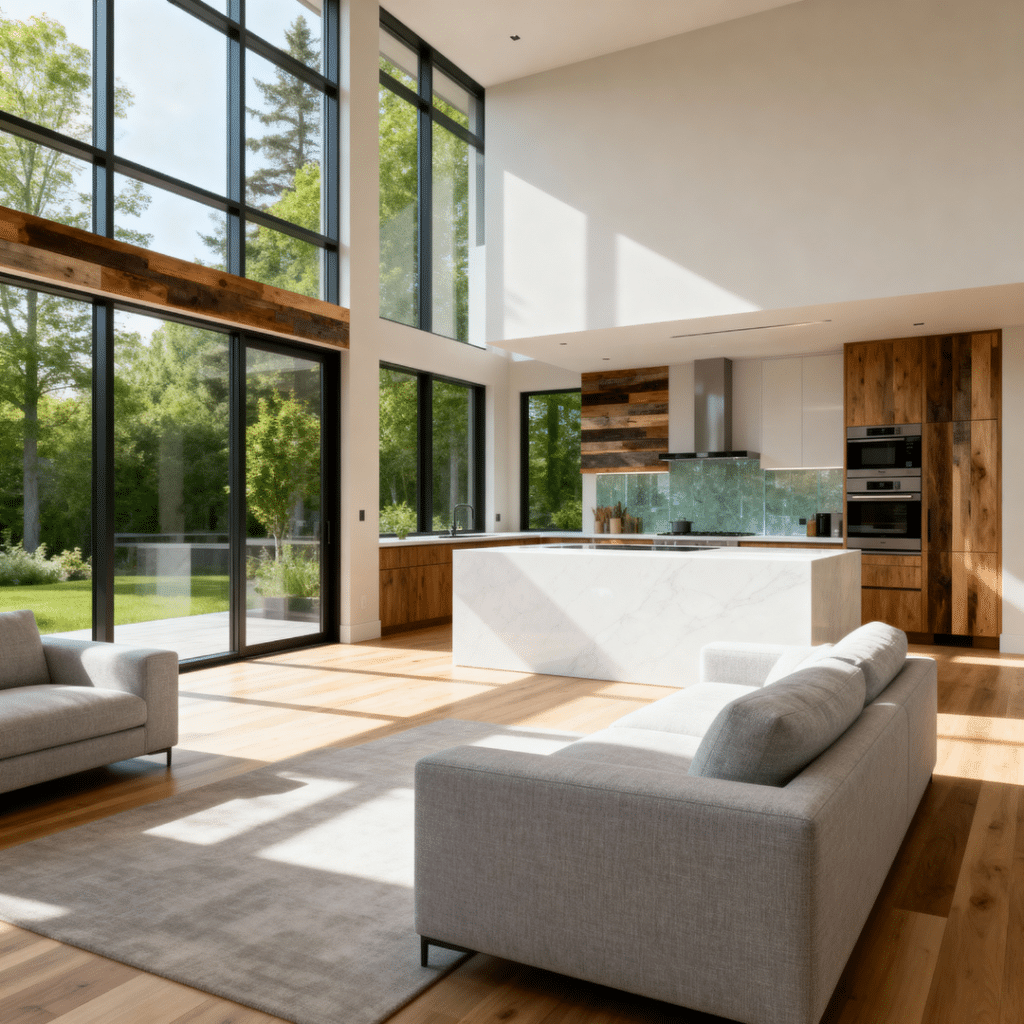 Bright modern prefab home interior in Innisfil, Ontario — luxury open-concept design by My Own Cottage with Scandinavian furnishings and sustainable materials.