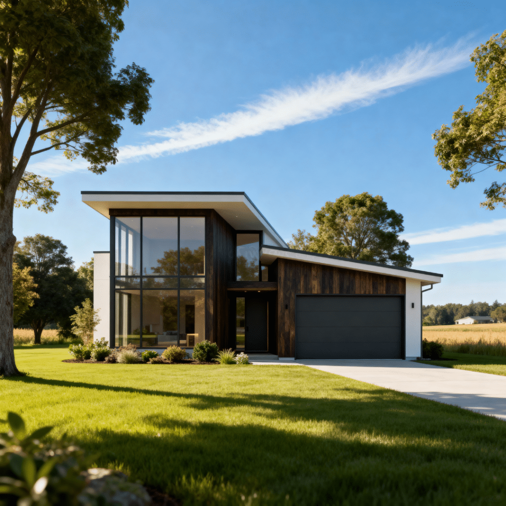Sleek modern small prefab home with garage in Newmarket Ontario by My Own Cottage under bright blue summer skies.
