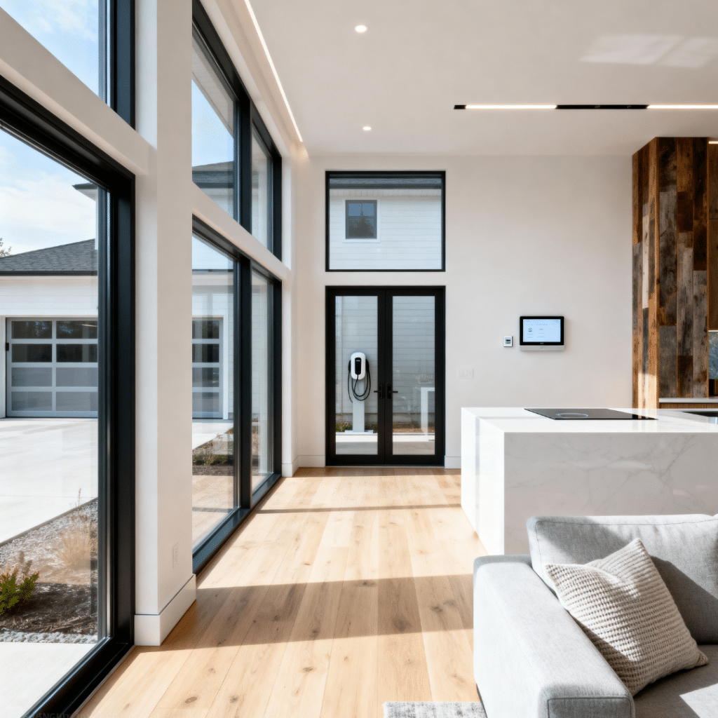 Bright modern prefab home interior in Midland, Ontario featuring smart-home technology, energy-efficient windows, and minimalist Scandinavian-inspired design.