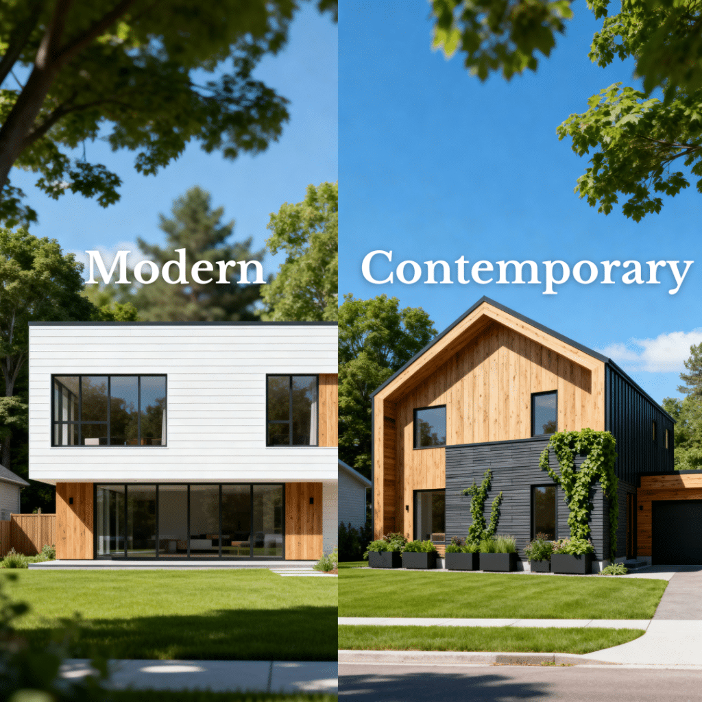Side-by-side view of modern and contemporary prefab homes in Midland, Ontario, showing the difference in design — clean minimalist lines versus warm mixed materials.