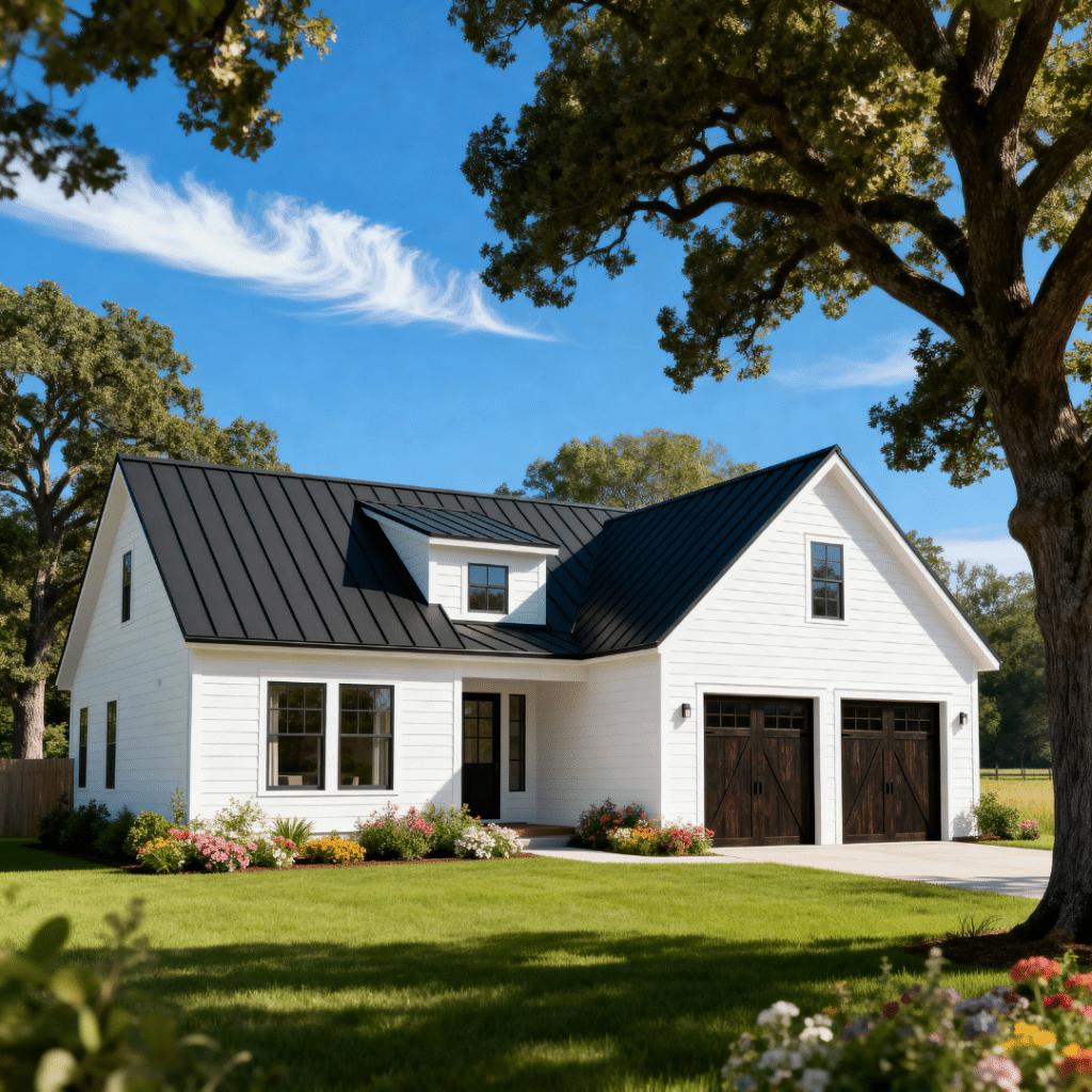 Beautiful white and black modern prefab home in Midland, Ontario with two-door garage, loft design, and minimalist architecture under clear summer skies.