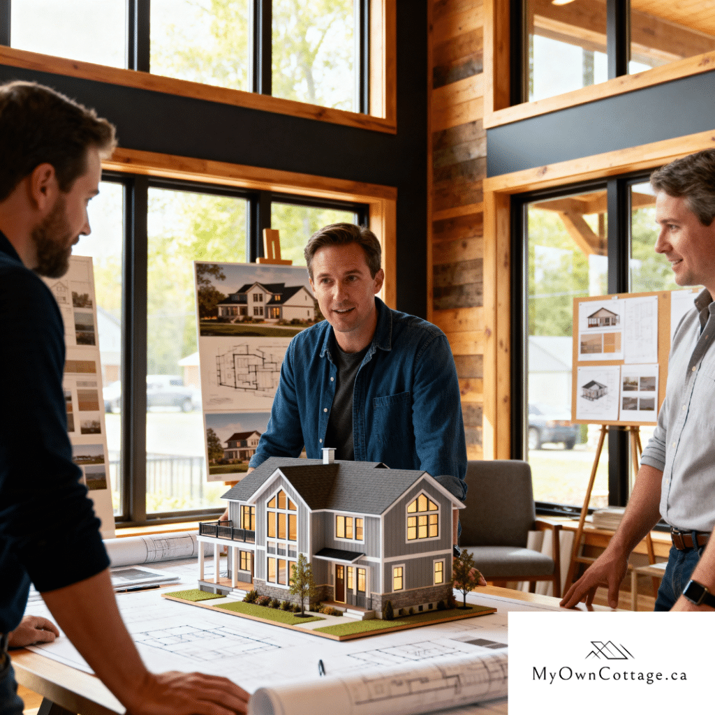 My Own Cottage design team collaborating in their Aurora, Ontario studio, reviewing prefab home plans and material samples in warm natural light.