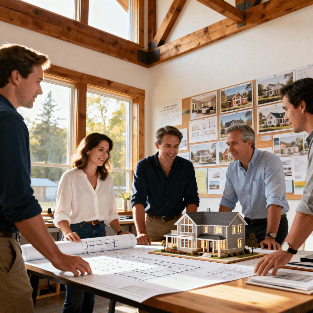My Own Cottage design team in Aurora, Ontario studio reviewing prefab home plans and materials under natural sunlight.