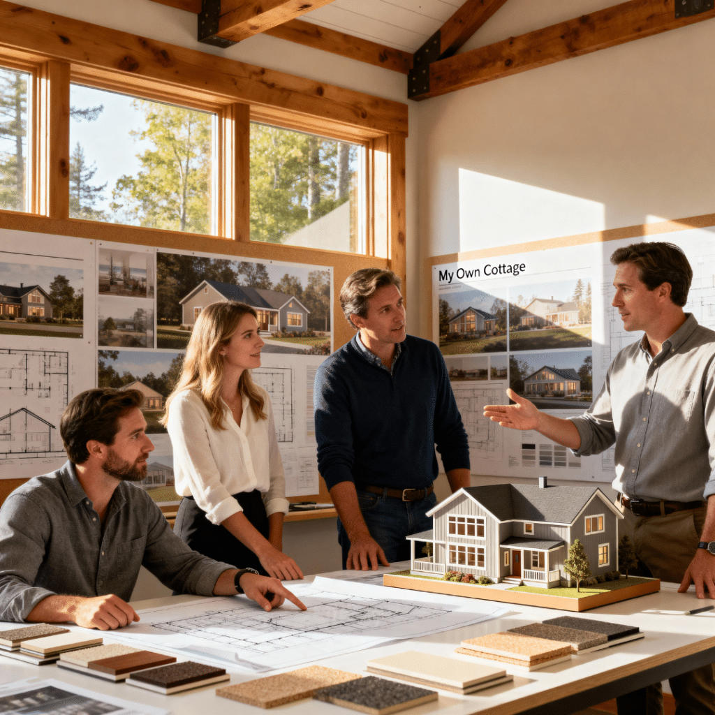 My Own Cottage design team in Gravenhurst, Ontario reviewing luxury prefab home plans and materials.