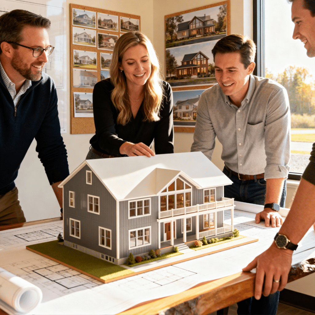 My Own Cottage design team in Innisfil, Ontario studio reviewing luxury prefab home plans — local experts in precision design and craftsmanship.