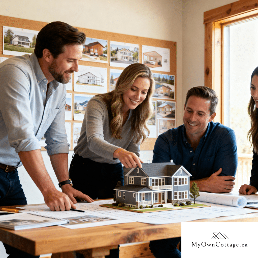 My Own Cottage design team collaborating in natural light at Midland Ontario studio reviewing luxury prefab home blueprints