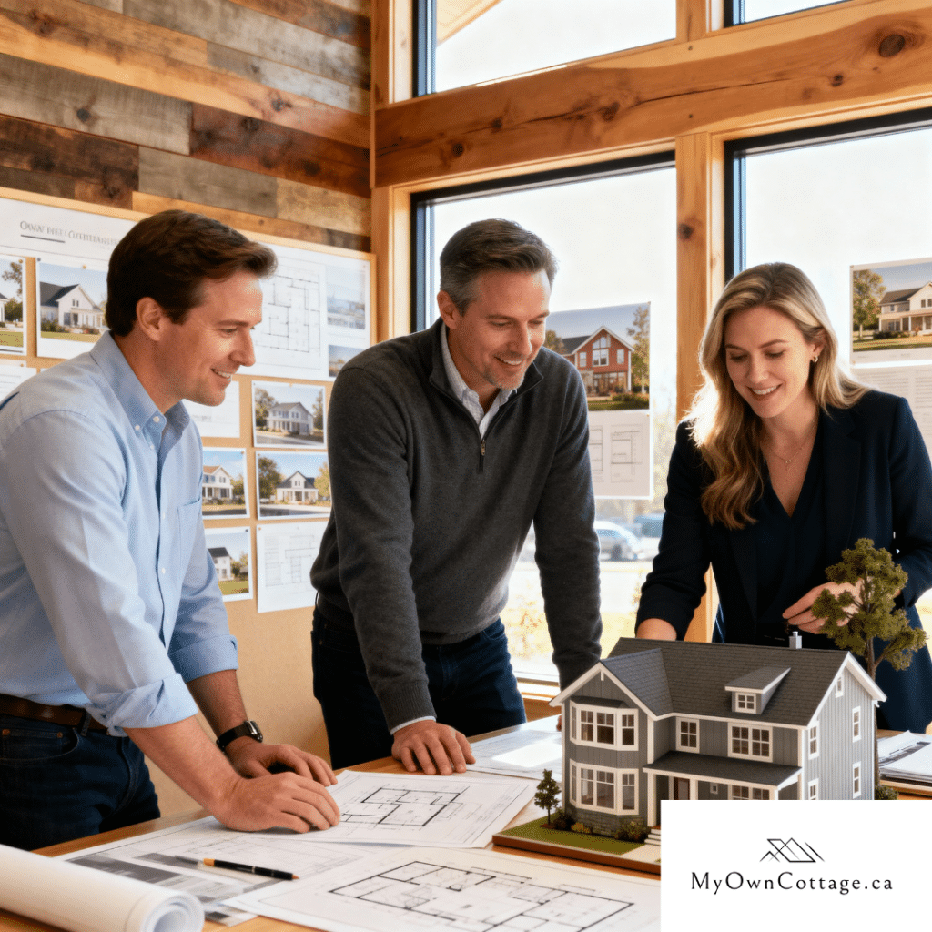 My Own Cottage design team collaborating in their Newmarket Ontario studio with prefab home plans and materials.