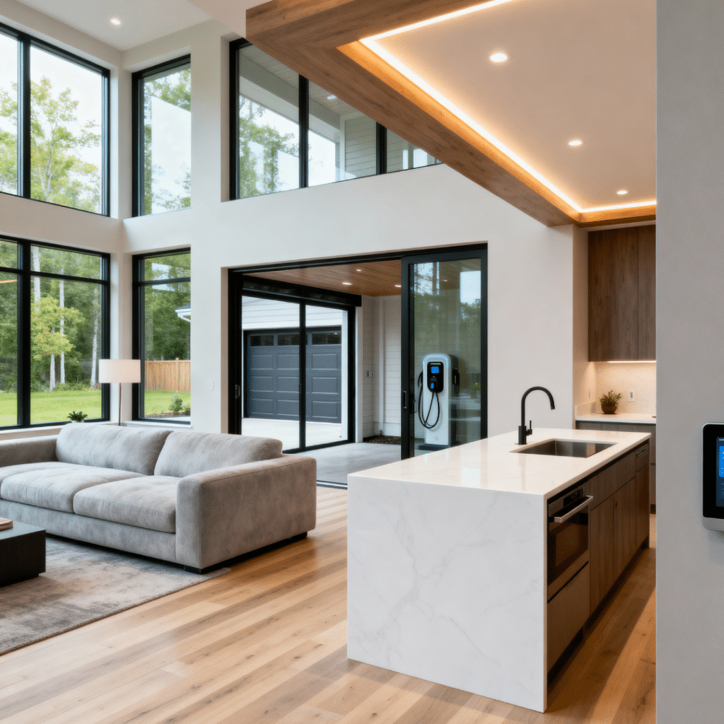 Bright luxury interior of a smart, energy-efficient prefab home by My Own Cottage in Midland, Ontario, featuring Scandinavian design, smart-home technology, and sustainable materials.