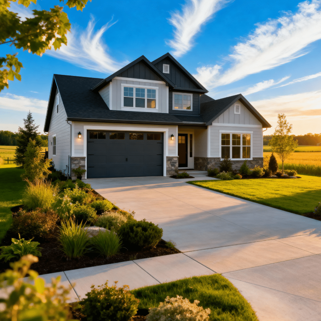 Recently built luxury prefab home with garage by My Own Cottage in Midland, Ontario, under clear blue skies and surrounded by peaceful suburban scenery.