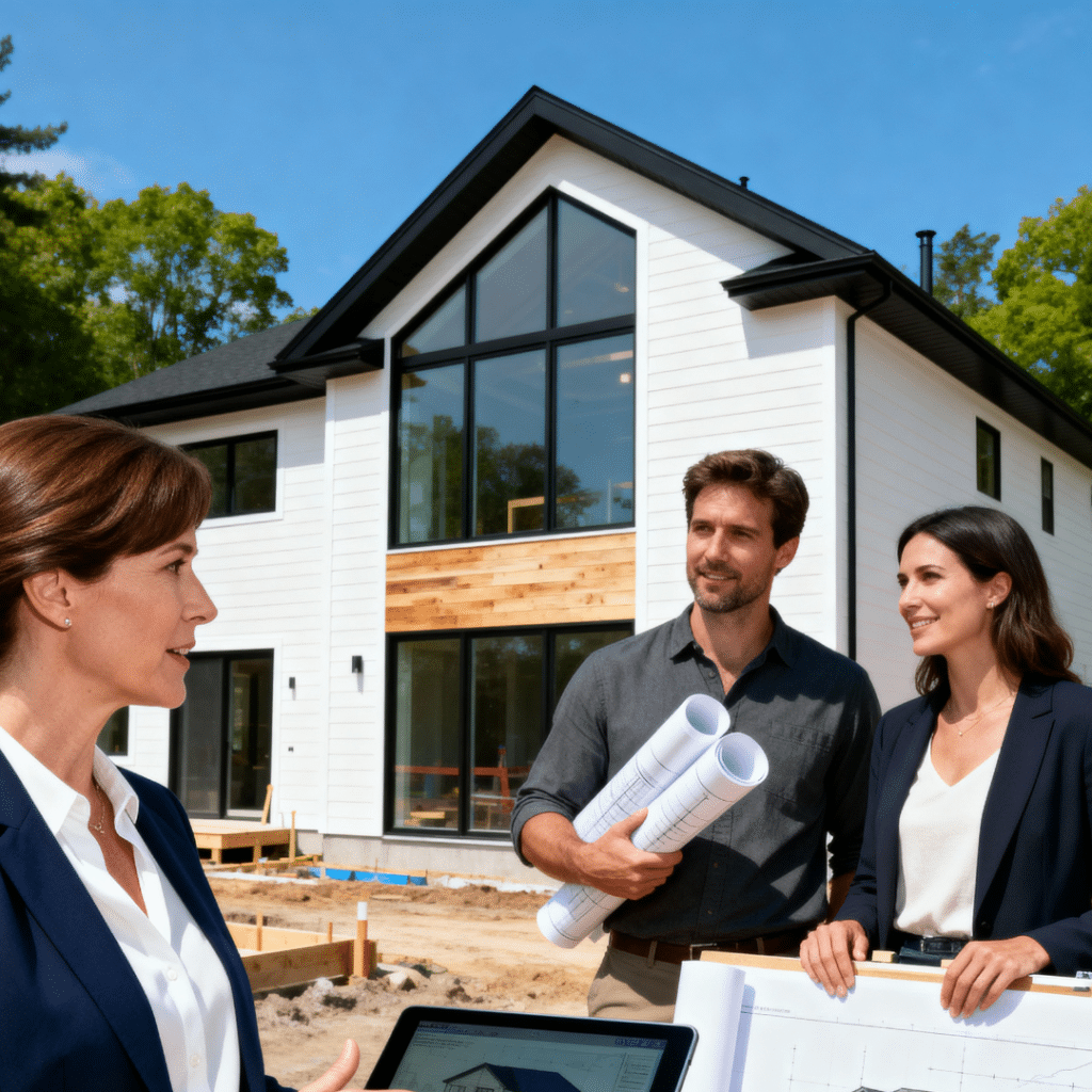 My Own Cottage builder meeting with Midland homeowners outside a nearly completed modern prefab home featuring white and wood siding, large windows, and contemporary Ontario design.