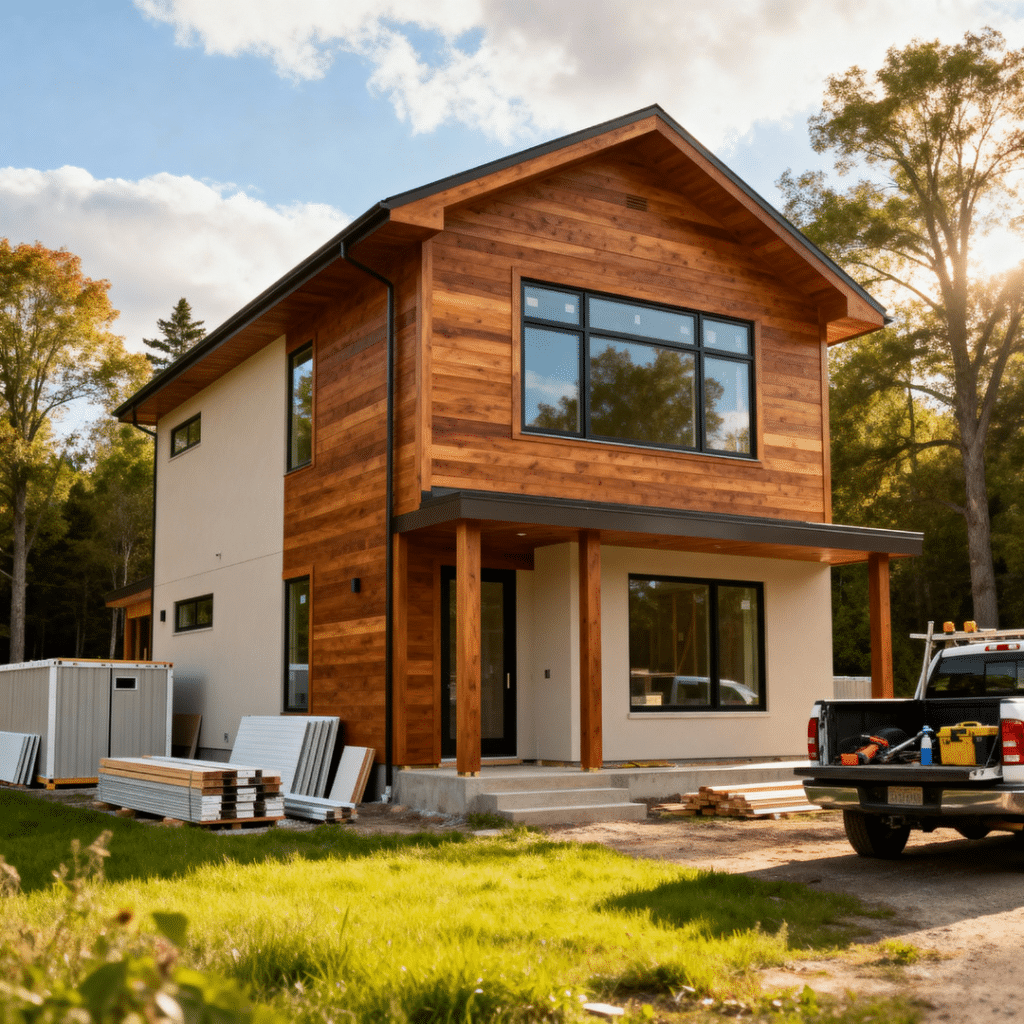 My Own Cottage prefab home in Scugog, Ontario — a newly completed modern house with cedar siding, neutral tones, and a builder inspecting the façade on a sunny day, showcasing professional Ontario prefab construction quality.
