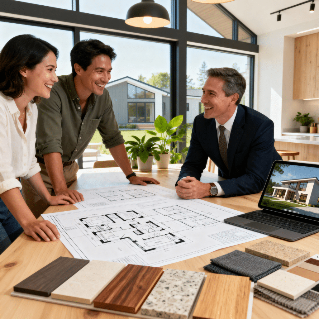 Professional design consultation at My Own Cottage studio in Midland, Ontario, showing a representative meeting with homeowners to plan their modern prefab home using blueprints and 3D renderings.
