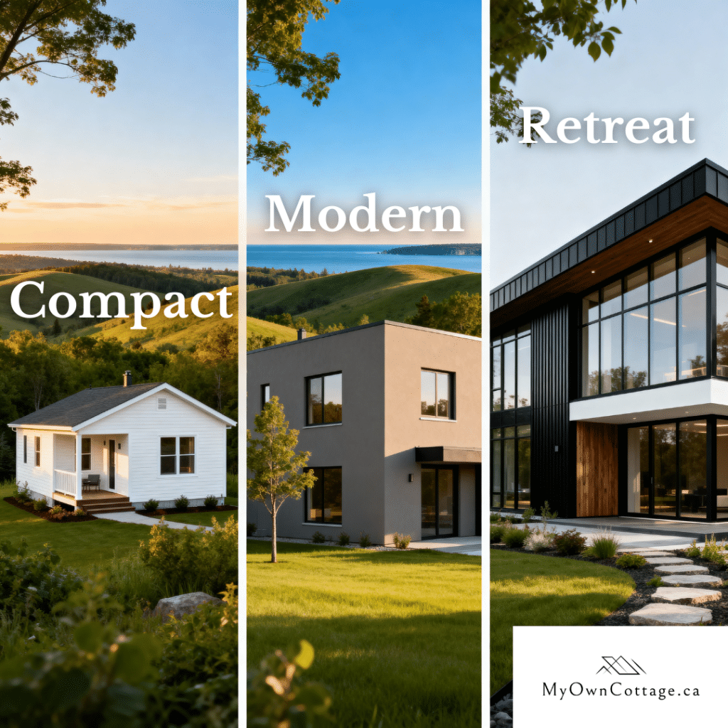 Three modern prefab homes by My Own Cottage in Midland, Ontario — showcasing small, affordable, and luxury designs against a Simcoe County summer backdrop.