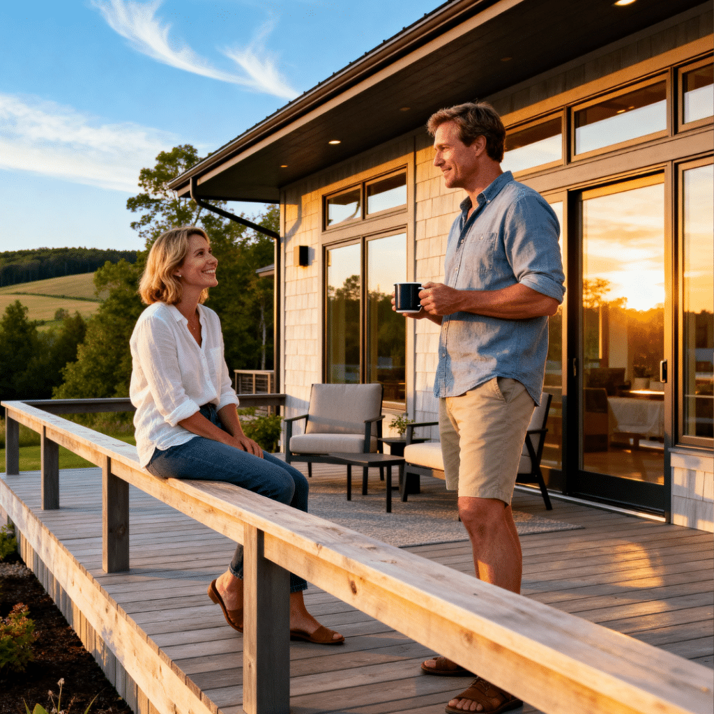 Caucasian couple relaxing on the porch of their modern luxury prefab home by My Own Cottage in Midland, Ontario near Georgian Bay, surrounded by greenery under warm golden-hour light.