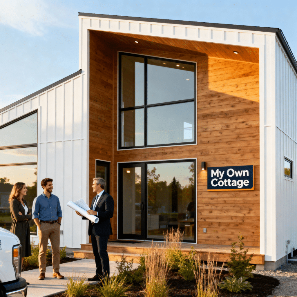 My Own Cottage prefab home in Midland, Ontario with couple meeting builder representative beside modern modular house.