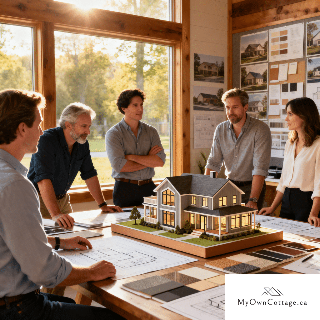 My Own Cottage design team collaborating at their Newmarket, Ontario studio beside architectural plans and material samples — showcasing Ontario craftsmanship and prefab home expertise.