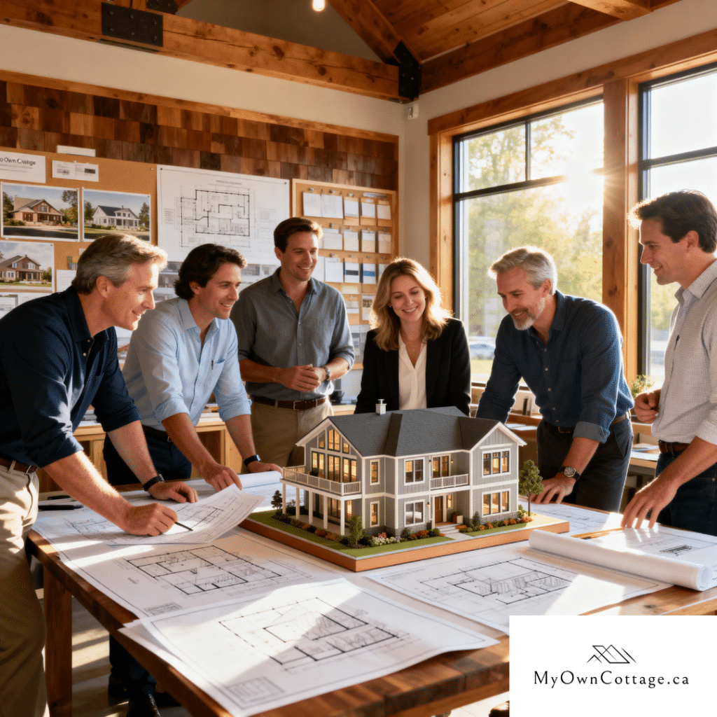 My Own Cottage design team collaborating in Newmarket, Ontario studio with plans and prefab home models under warm natural light.