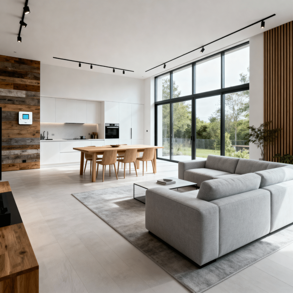 Open-concept prefab home interior in Scugog, Ontario with bright living room, dining area, and kitchen connected by floor-to-ceiling windows.