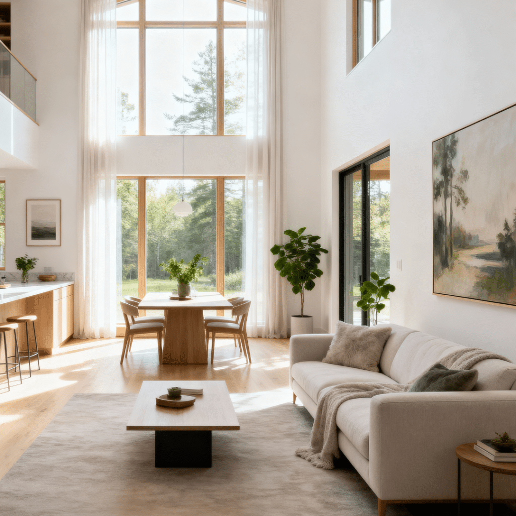 Bright open-concept interior of a small prefab home in Midland, Ontario with modern kitchen, dining area, and natural light.