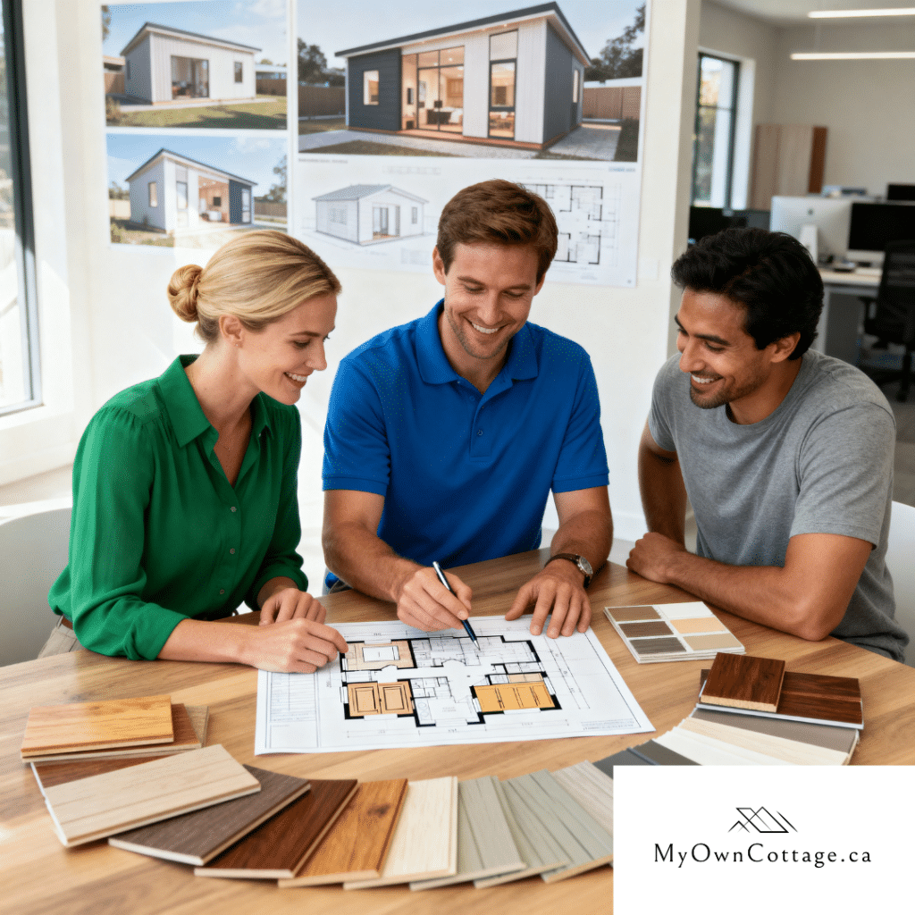 My Own Cottage prefab home consultation in Scugog, Ontario – builder representative reviews floor plans and material options with a couple.