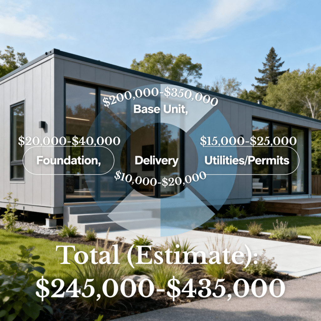 Infographic of a modern prefab home in Scugog, Ontario with cost breakdown labels for base unit, foundation, delivery, and utilities.