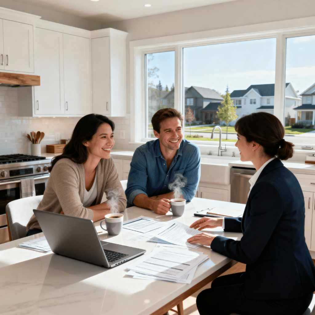 Aurora couple meeting a My Own Cottage advisor in their modern prefab home kitchen to review financing and cost details with confidence.