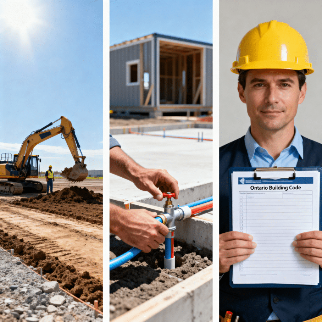 Prefab home cost factors in Scugog – land preparation with excavator, utility hookups, and building permits for Ontario code compliance.