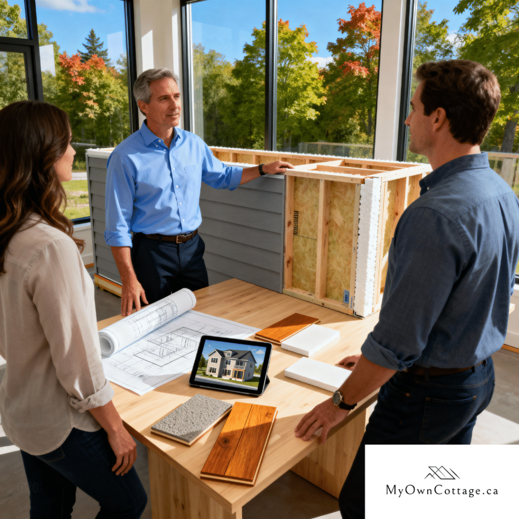 My Own Cottage project manager meeting with homeowners in a bright Midland, Ontario design studio, reviewing prefab home blueprints, 3D models, and material samples.