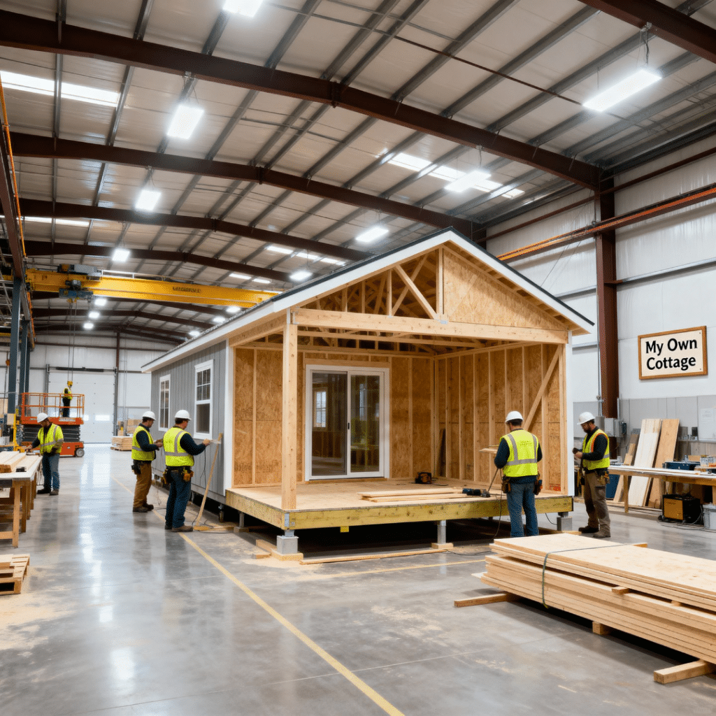 Inside a bright Ontario prefab home factory operated by My Own Cottage, skilled builders assemble a modular home section using cranes and precision tools under clean industrial lighting — showcasing efficiency, craftsmanship, and affordable homebuilding in Midland, Ontario.