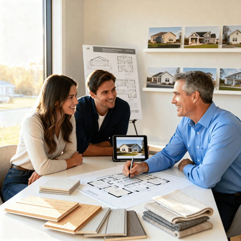 Financial representative in Scugog, Ontario meeting with a young couple at a modern wooden table, reviewing prefab home floor plans and financing options, with material samples and design boards visible in the background under warm natural daylight.