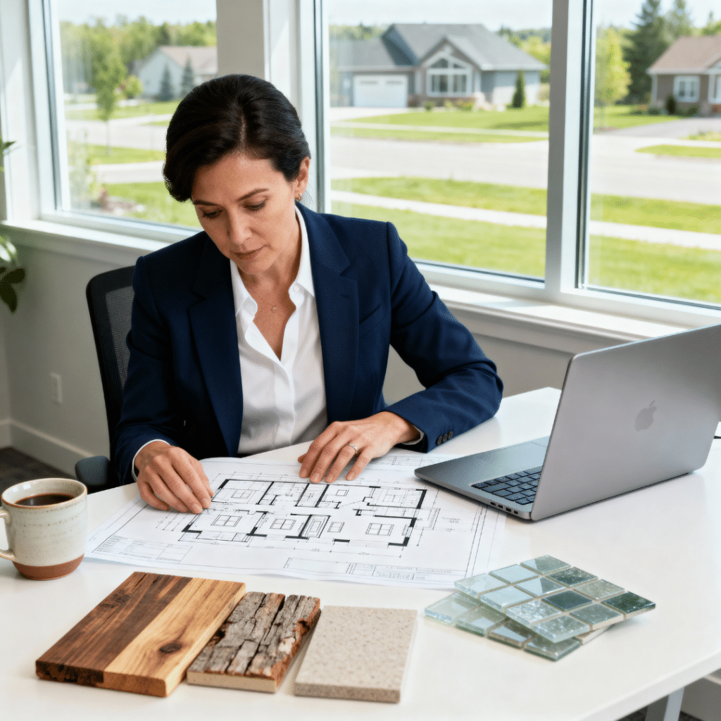 Professional female Ontario loan officer reviewing prefab home blueprints and financing documents at a bright Midland office with My Own Cottage branding — representing trusted, accessible financing for affordable prefab homes.