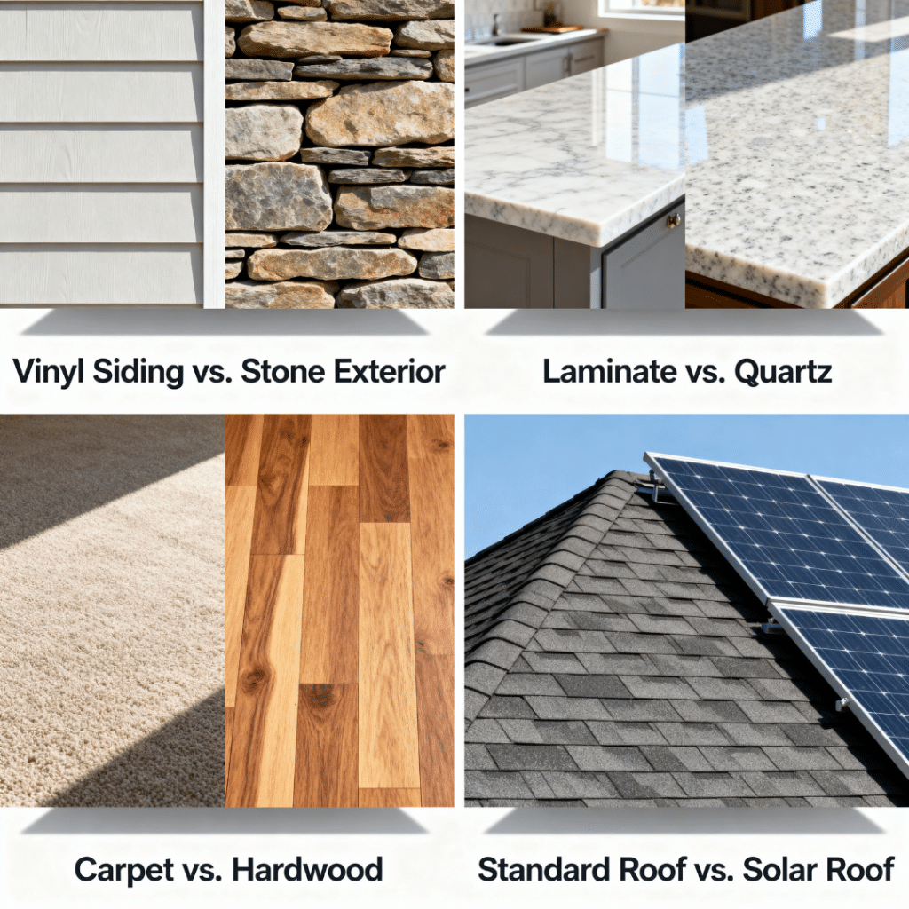 Prefab home price factors in Scugog – vinyl vs stone siding, laminate vs quartz countertops, carpet vs hardwood flooring, and solar roof upgrades.