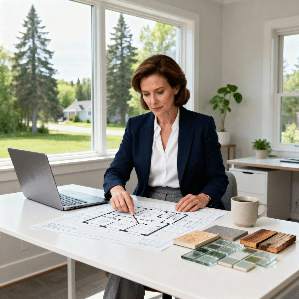 Prefab home mortgage consultant in Midland, Ontario reviewing modular home blueprints and eco-friendly materials in a bright modern office at My Own Cottage.