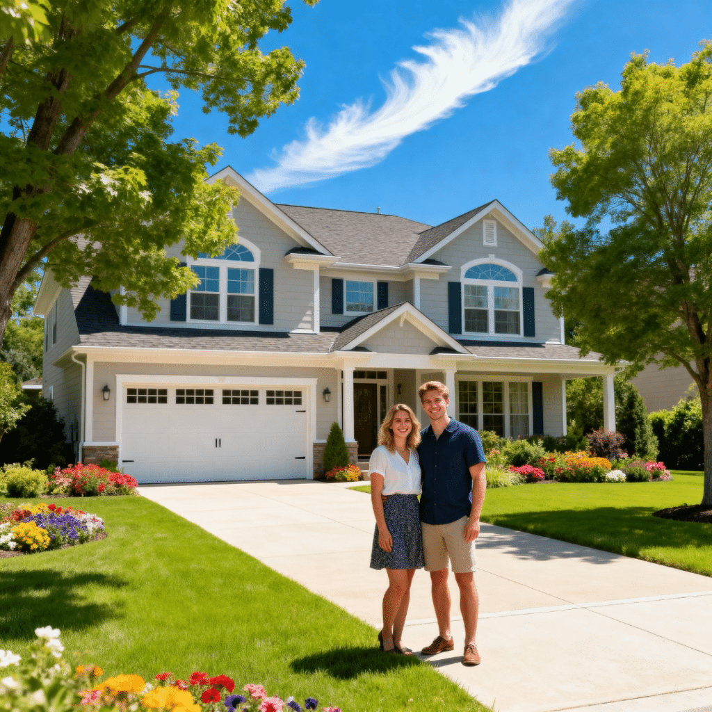 Happy young couple standing in front of their stylish prefab home with garage built by My Own Cottage in Newmarket, Ontario — celebrating modern suburban living under bright spring skies.