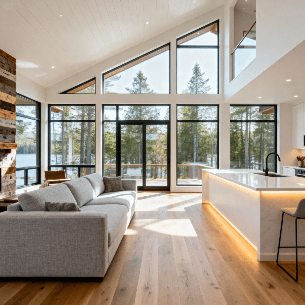 Bright, energy-efficient modern prefab home interior built by My Own Cottage in Gravenhurst, Ontario — featuring sustainable materials, large windows, and natural light that highlight long-term energy savings and modern living efficiency.