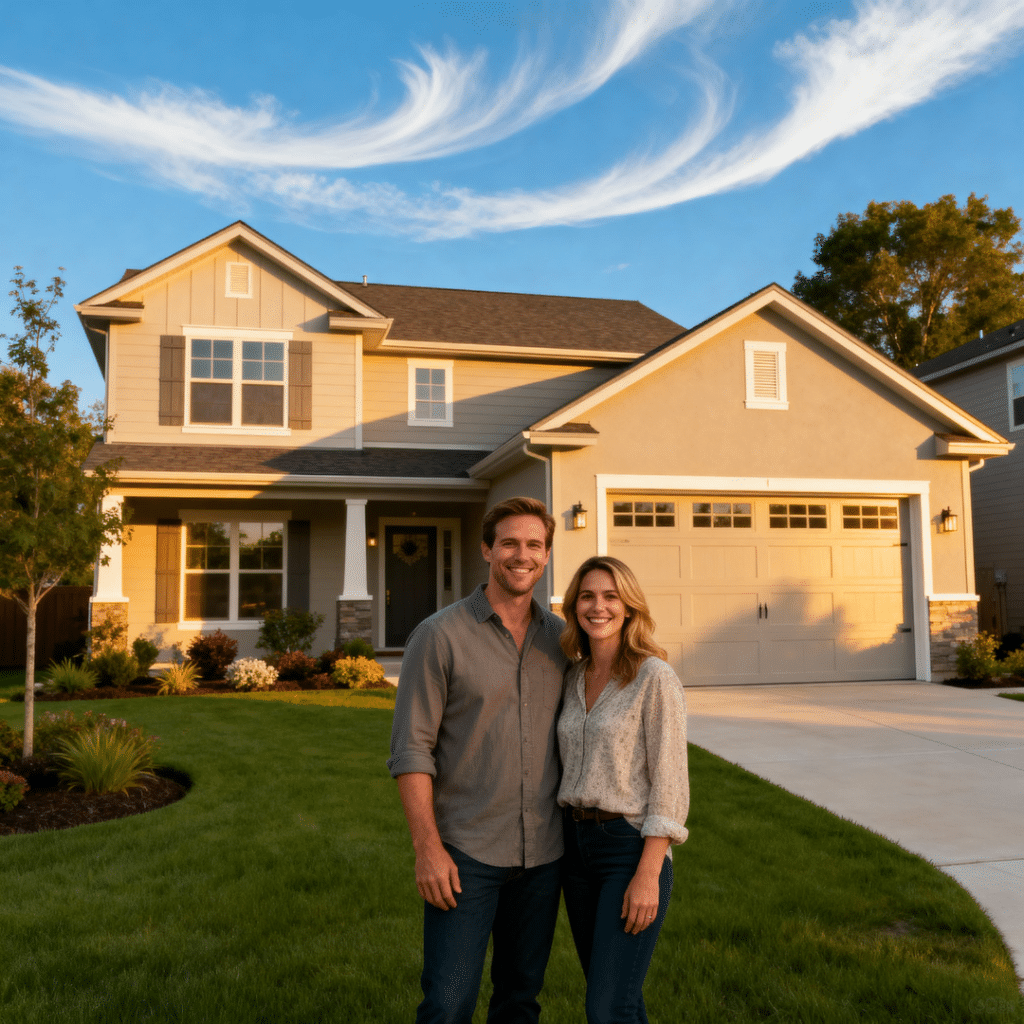 Happy homeowners in front of a modern prefab home with garage built by My Own Cottage in Gravenhurst, Ontario — showcasing quality construction, customer satisfaction, and value that reflect local prefab homes Gravenhurst prices.