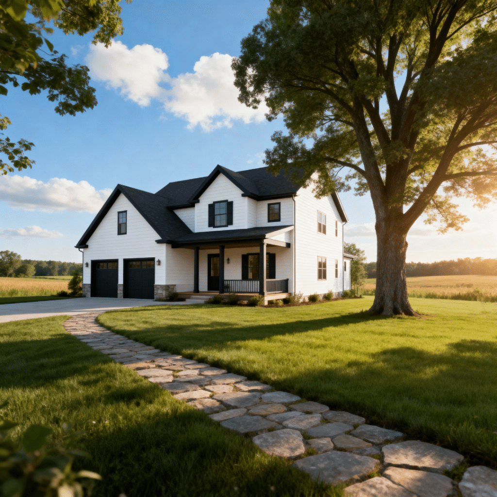Luxury white prefab home with garage built by My Own Cottage in Gravenhurst, Ontario — showcasing modern design, premium materials, and quality craftsmanship that influence prefab homes Gravenhurst prices.