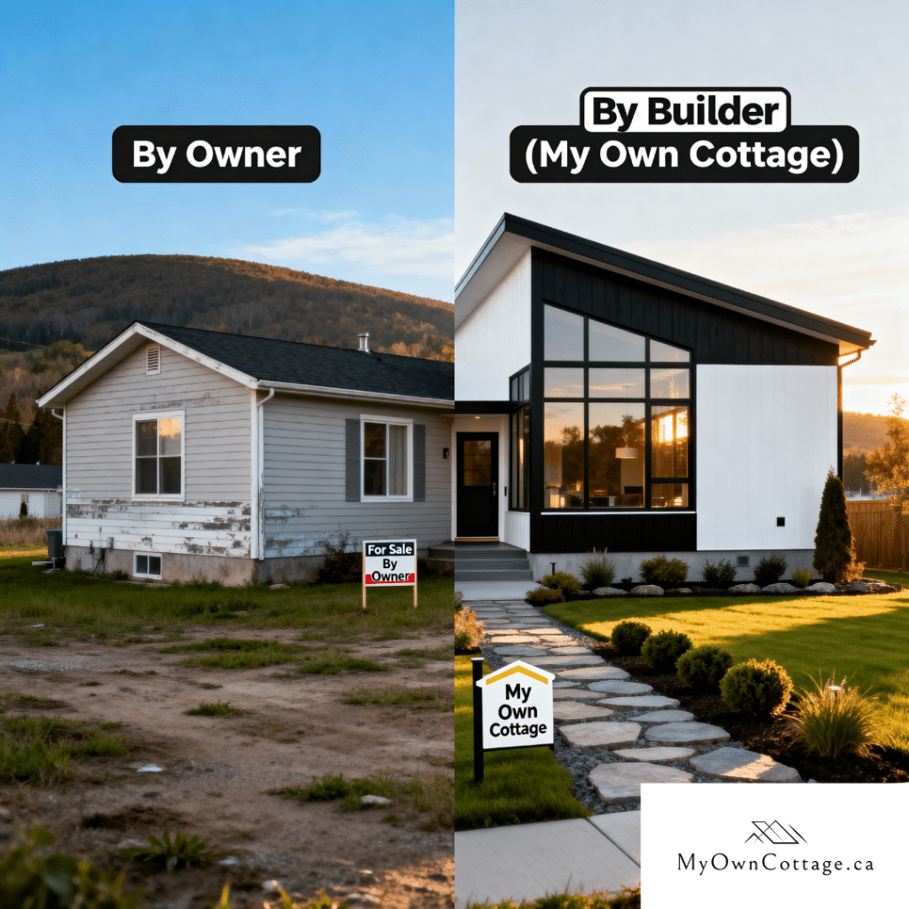 Split comparison image of prefab homes in Midland, Ontario — a by-owner resale with faded siding and uneven lot on the left, contrasted with a modern, black-and-white My Own Cottage build on the right, showing superior design, landscaping, and craftsmanship.