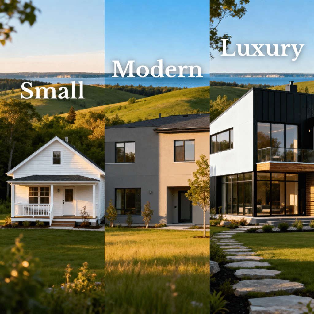 Split composite image of modern prefab homes in Midland, Ontario by My Own Cottage — showing small, affordable, and luxury modular designs side by side against a Georgian Bay landscape under golden-hour light.