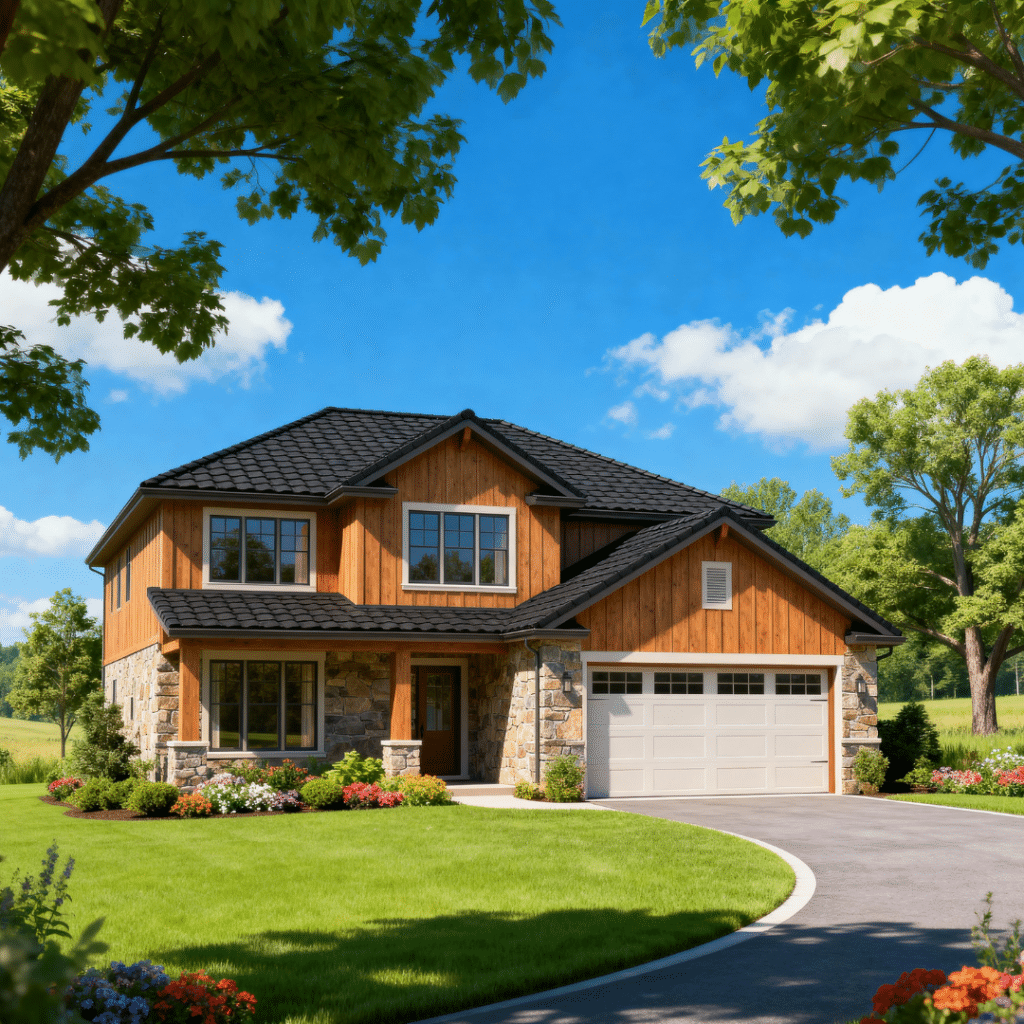 Rustic luxury prefab home with garage in Aurora, Ontario, under clear blue skies — elegant rural design and modern craftsmanship.