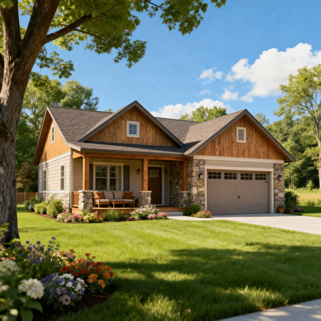 Rustic small luxury prefab home with garage in Midland, Ontario under clear blue summer skies.