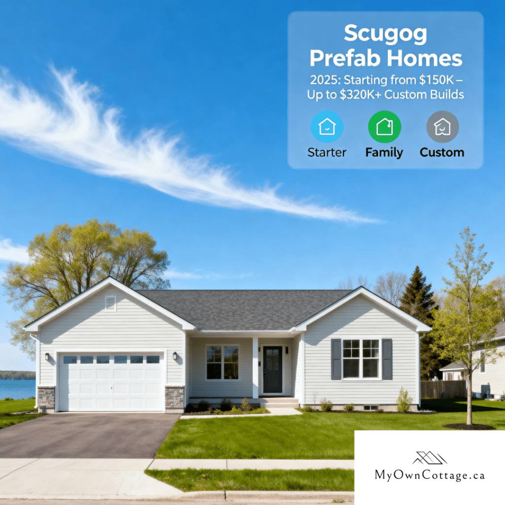 Modern affordable prefab home in Scugog, Ontario with garage and pricing overlay showing 2025 cost tiers from $150K to $320K — Starter, Family, and Custom models — illustrating local prefab housing affordability.