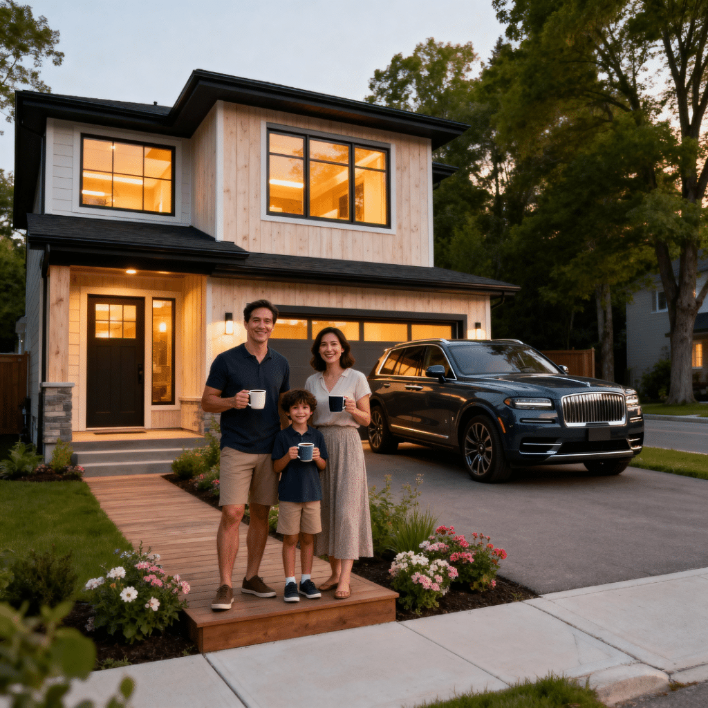 Happy family in Scugog standing outside their new small prefab home with modern wood siding and energy-efficient windows.