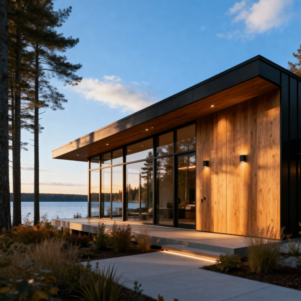 Stylish affordable small modern bungalow prefab home in a forested setting near Lake Scugog, Ontario – 2025 model.