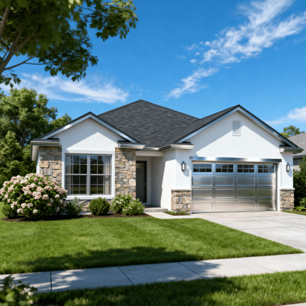 Small luxury prefab home with garage in rural Scugog, Ontario under clear blue skies and light clouds.