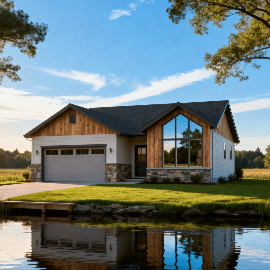 Stylish small luxury prefab home with garage on waterfront in Midland, Ontario under clear blue summer skies.