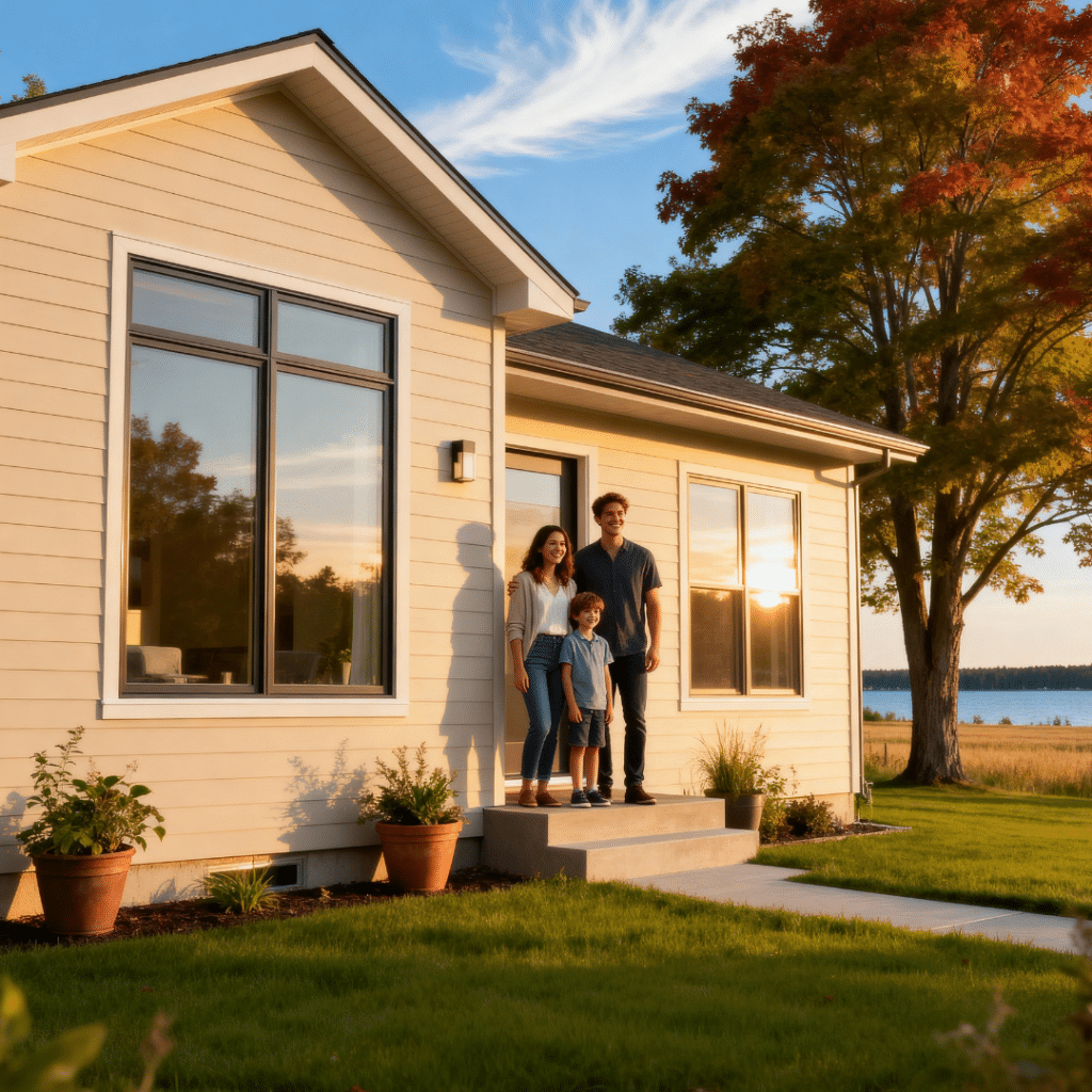 Smiling family standing outside a small modern prefab home with garage in Midland, Ontario under blue summer skies.