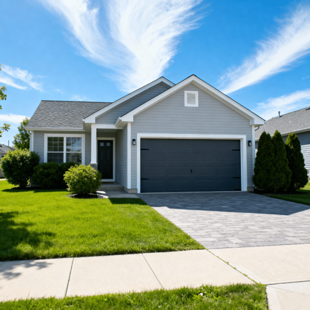 Small modern prefab home with garage in Scugog, Ontario – compact, affordable housing option under bright blue skies.