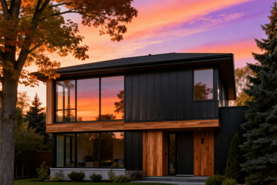 Luxurious small modern prefab home in Scugog Ontario with dark metal siding, cedar accents, and floor-to-ceiling windows at golden hour.