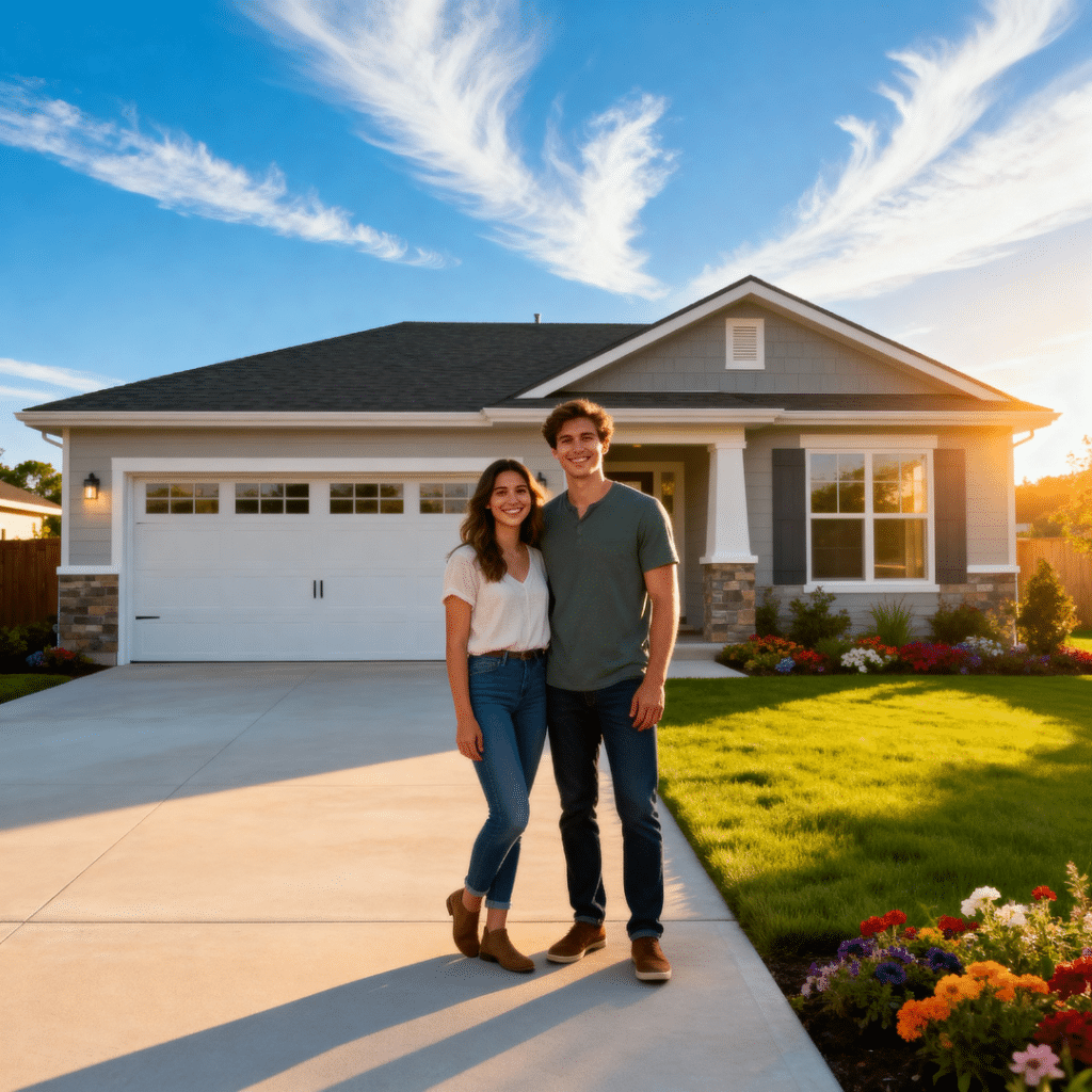 Happy couple outside their small modern prefab home with garage in Newmarket, Ontario — built by My Own Cottage.